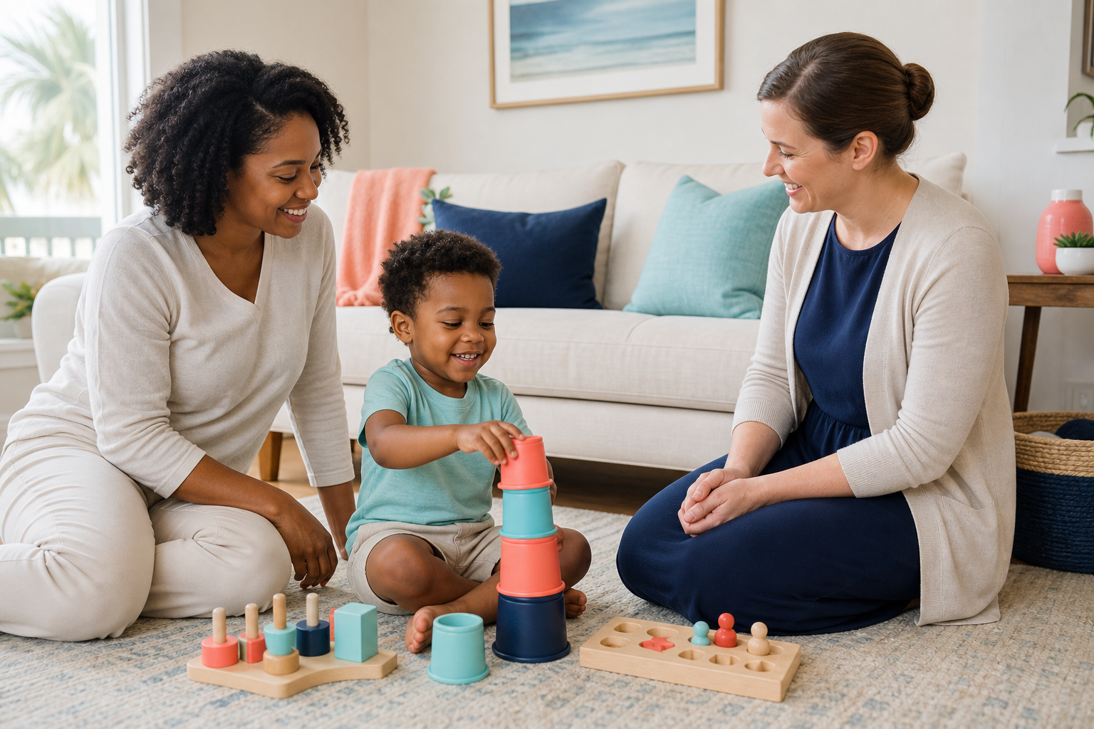 A smiling preschool-age child sits on a soft rug in a bright living room stacking colorful cups and playing with wooden toys while a mother and a female therapist sit nearby, watching and engaging supportively in warm natural light with simple coastal-style decor.