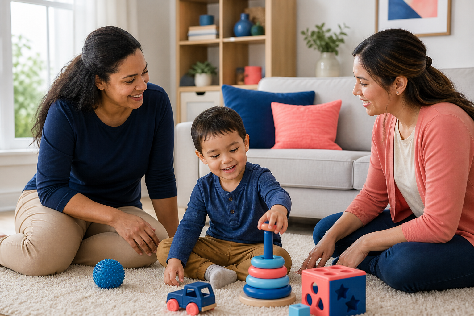 A preschool-age child plays with colorful toys on a rug in a bright living room while a female therapist and a parent sit nearby and gently join the activity; the scene includes soft natural light and navy, sky-blue, and coral accents in the decor and toys.