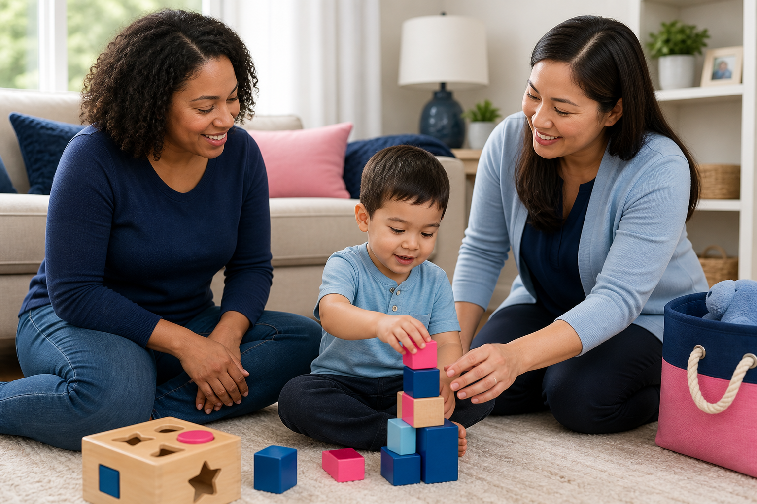 A young child about 3 to 5 sits on a living room floor stacking colorful blocks while a female therapist kneels nearby and a parent sits close by, all smiling in a warm sunlit home with navy, pink, and light blue accents.
