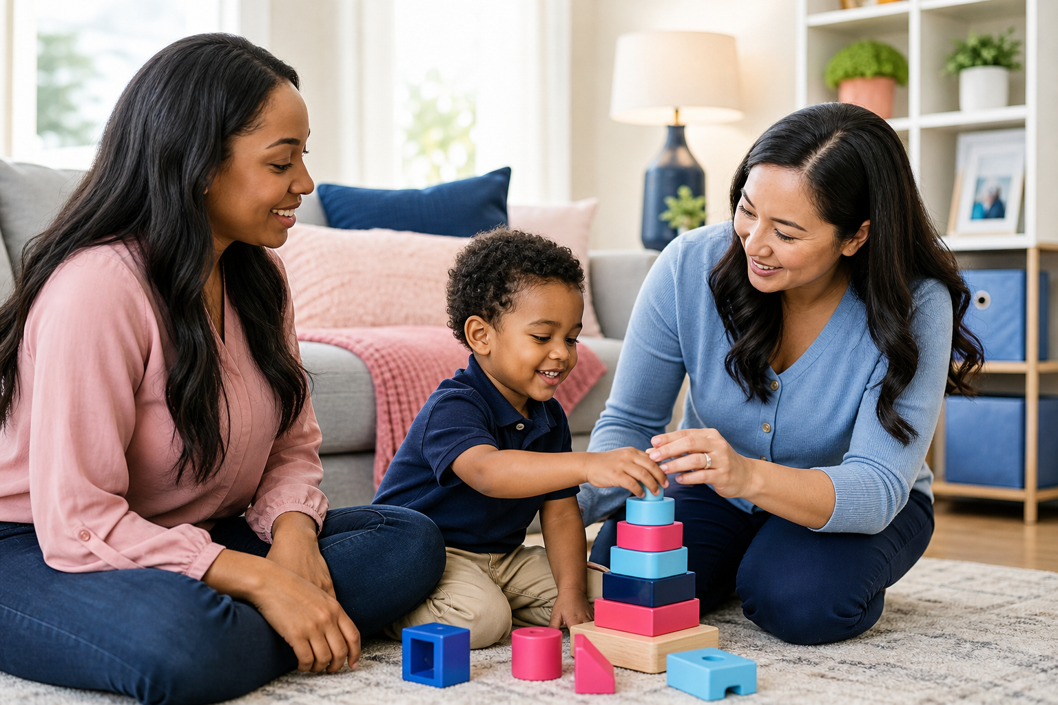 A preschool-age child plays with colorful blocks on a living room rug while a female therapist engages nearby and a parent watches close by in a bright, cozy home setting.