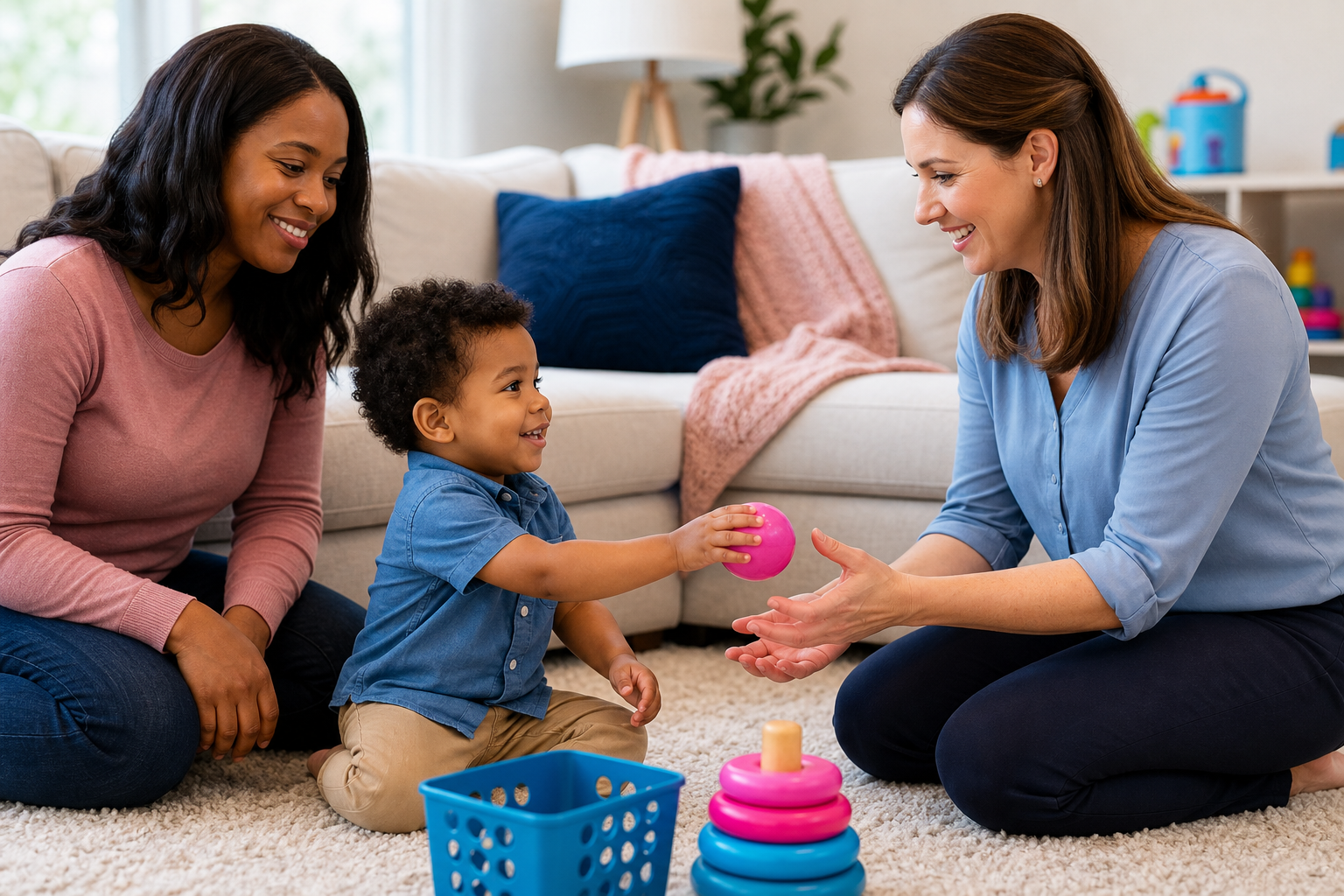 A young child about 3 to 4 years old sits on a living room rug doing a play-based activity with a female therapist while a parent watches nearby, with a sofa, soft daylight, and colorful toys in a warm home setting.