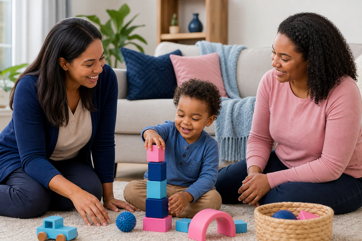 A young child around preschool age sits on a rug in a cozy living room, playing with colorful blocks during a calm in-home ABA session with a female therapist and a parent nearby, with warm natural light and soft blue, navy, and pink accents in the room.