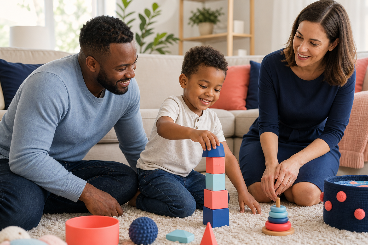 A preschool-age child sits on a soft rug in a bright living room, playing with colorful blocks while a parent and a female therapist sit nearby and engage supportively, with cozy seating and subtle navy, pink, and blue accents in the room.
