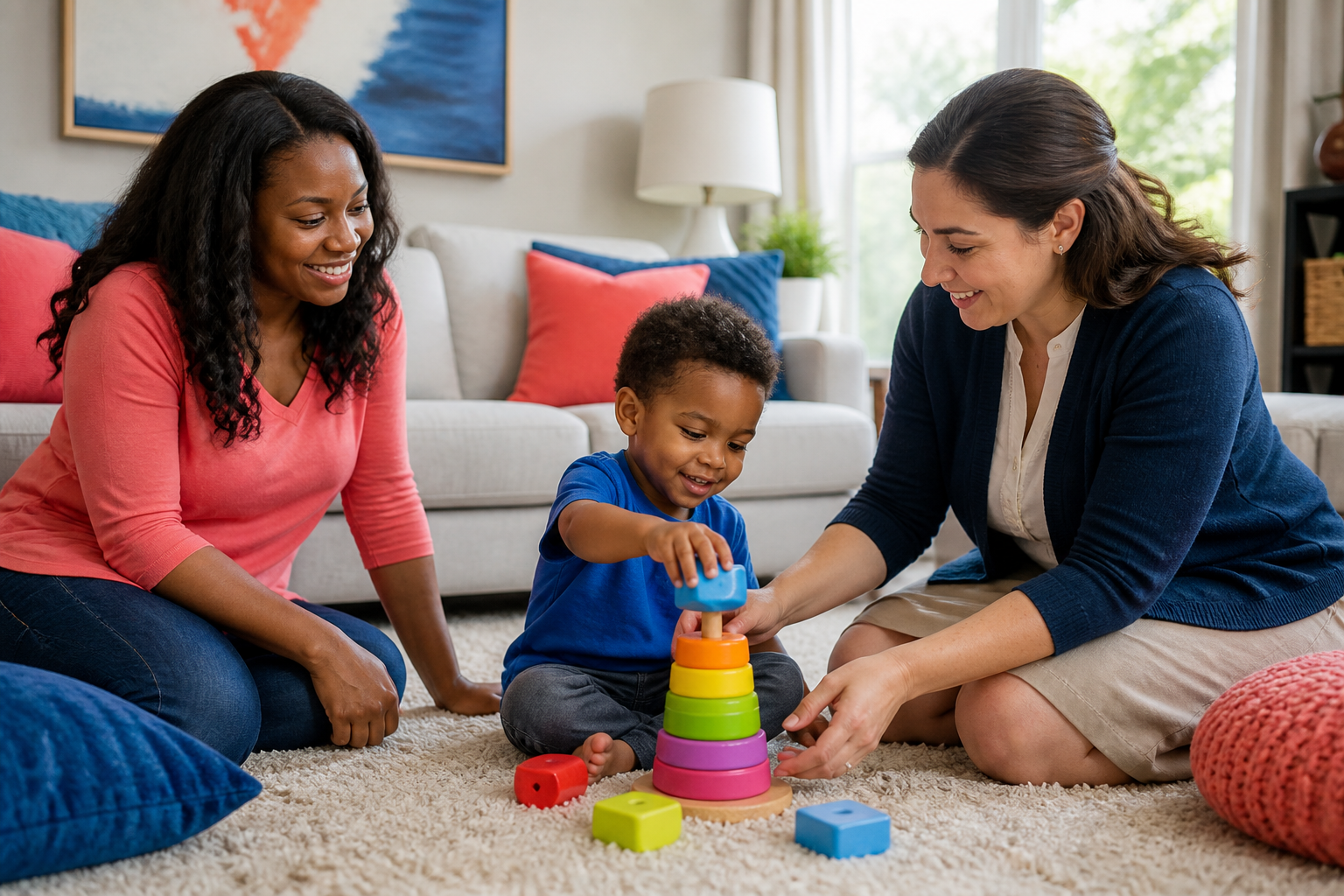 A preschool-age child sits on a living room rug at home, happily playing with colorful toys while a female therapist kneels nearby at the child’s level and a parent sits close by, creating a warm, supportive scene with soft natural light and bright navy, pink, and blue accents.