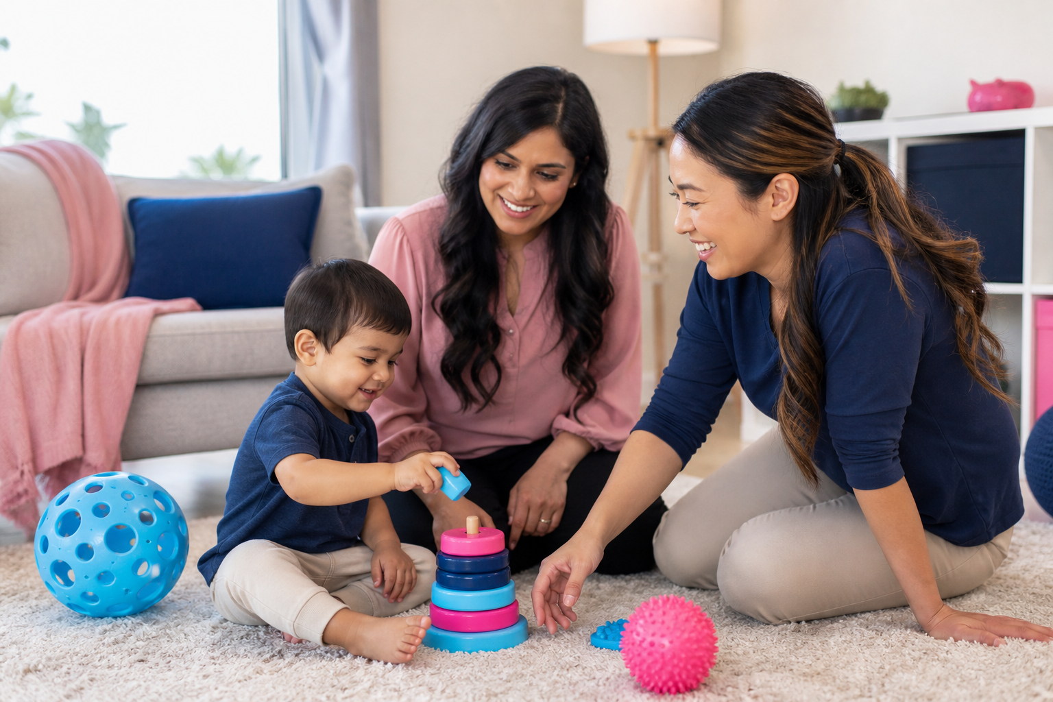 A preschool-age child sits on a soft living room rug with colorful stacking toys while a female therapist and the child's mother sit nearby at floor level, smiling and gently engaging in play in a bright, cozy home setting with navy, pink, and blue accents.