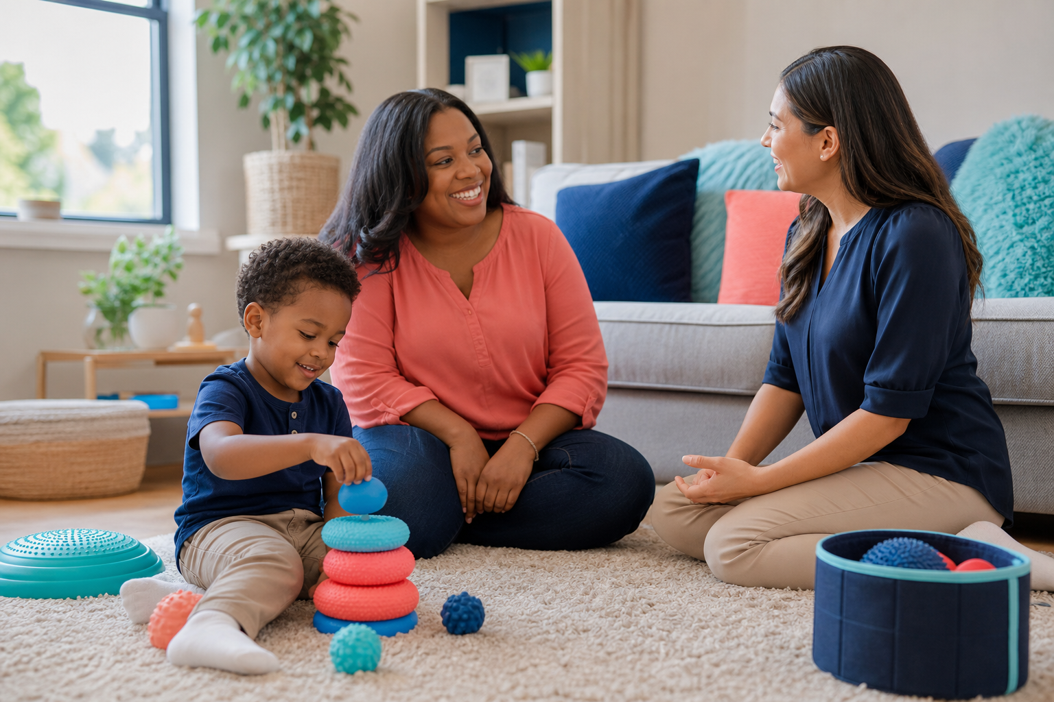 A preschool-aged child about 4 sits on a living room rug playing with colorful stacking toys while a mother and a female therapist sit nearby in a cozy sunlit room, smiling supportively and watching the child engage.