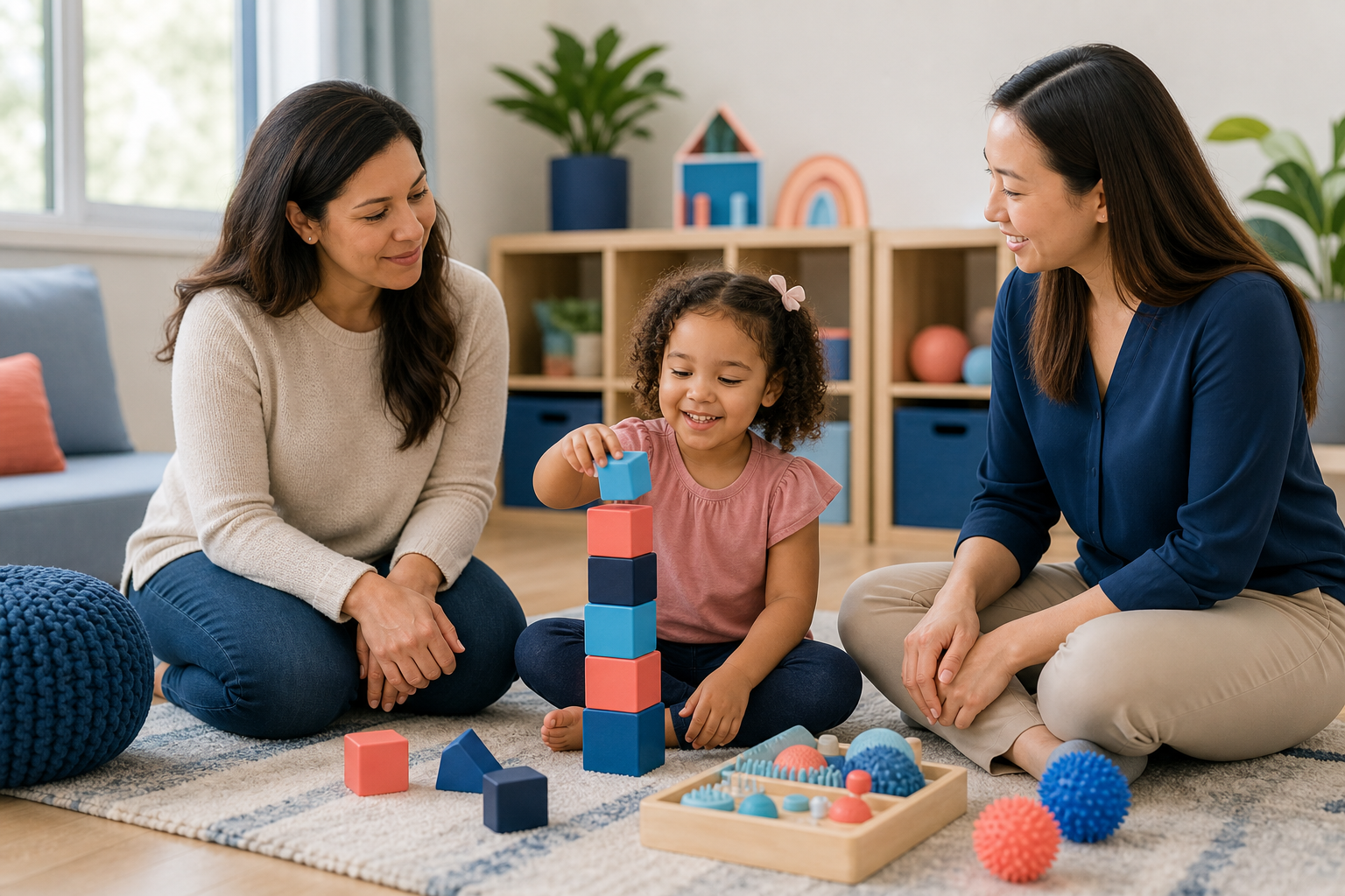 A preschool child sits on a rug in a warm, bright playroom stacking colorful blocks while the child’s mother and a female specialist sit nearby at child level with calm, attentive expressions; the room has soft natural light and subtle navy, blue, and coral accents.