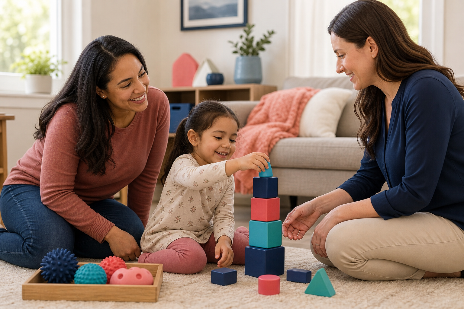 A preschool-aged child plays with colorful blocks on a living room rug while a mother and a female therapist sit nearby smiling and engaging with the child in a warm, softly lit home setting with blue and pink accents.