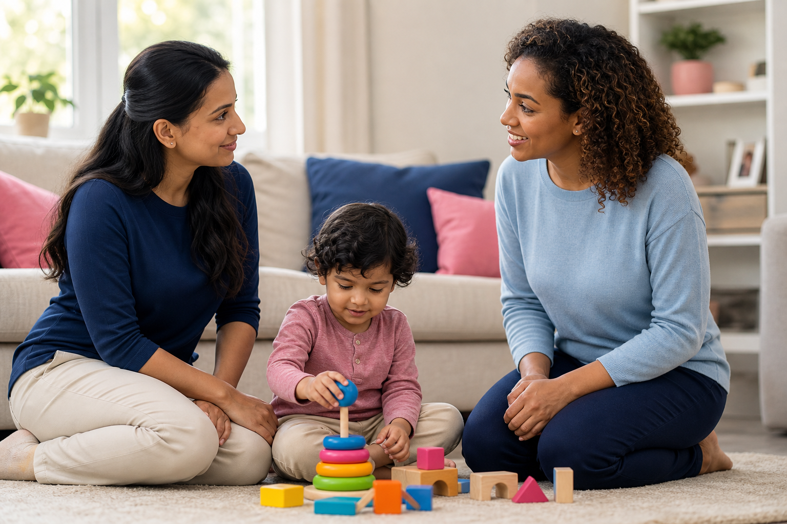 A preschool-aged child sits on a living room floor playing with colorful stacking toys and wooden blocks while a mother and a female therapist kneel nearby, smiling and supporting the child in a warm home setting with soft lighting and blue, pink, and teal accents.