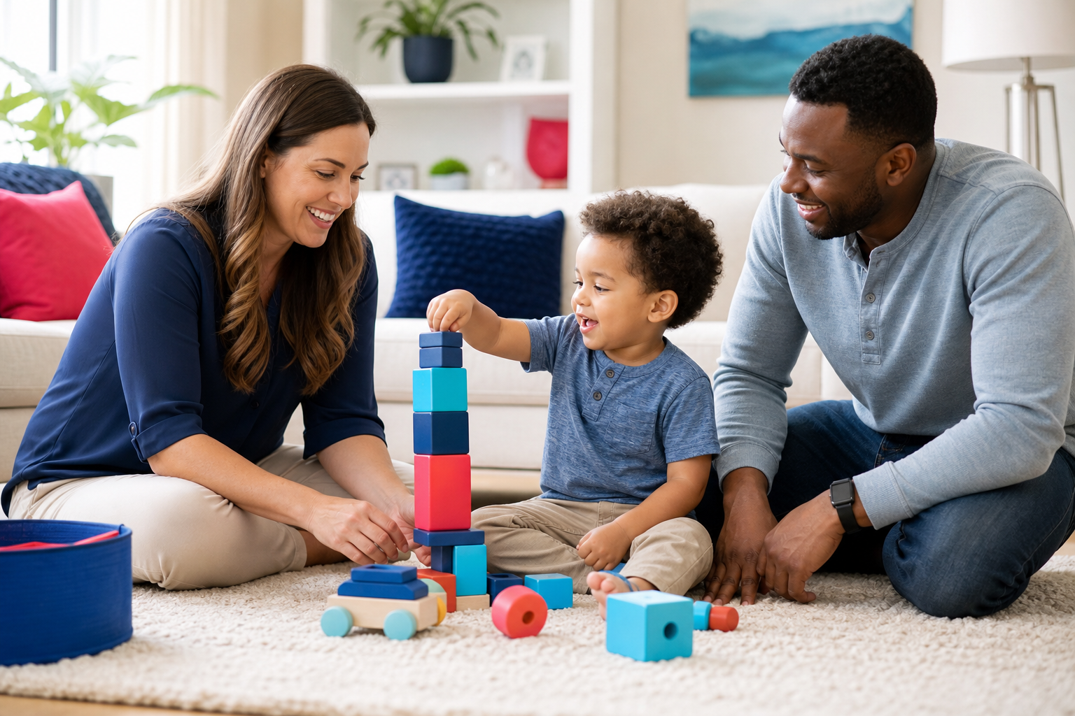 A preschool-age child sits on a living room rug playing with colorful blocks beside a female therapist while a parent sits nearby, with soft natural light and blue, pink, and teal accents in the cozy home setting.