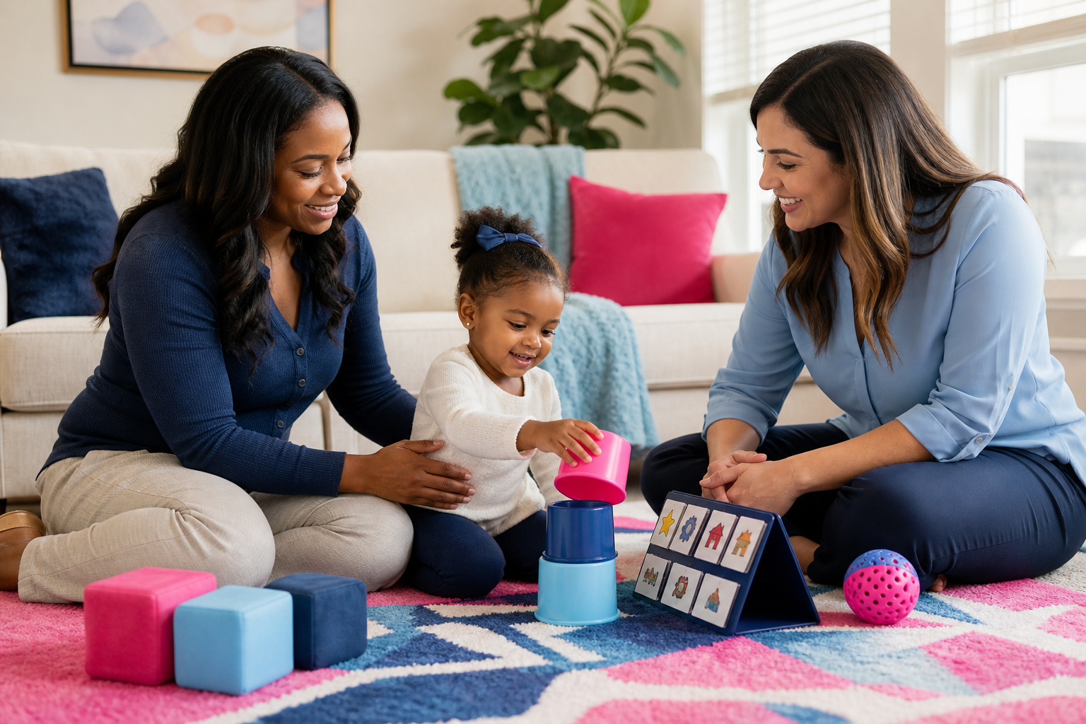 Preschool-age child plays with simple toys on a colorful rug in a bright living room while a parent and a female therapist kneel nearby and engage with the child in a calm, supportive in-home session.