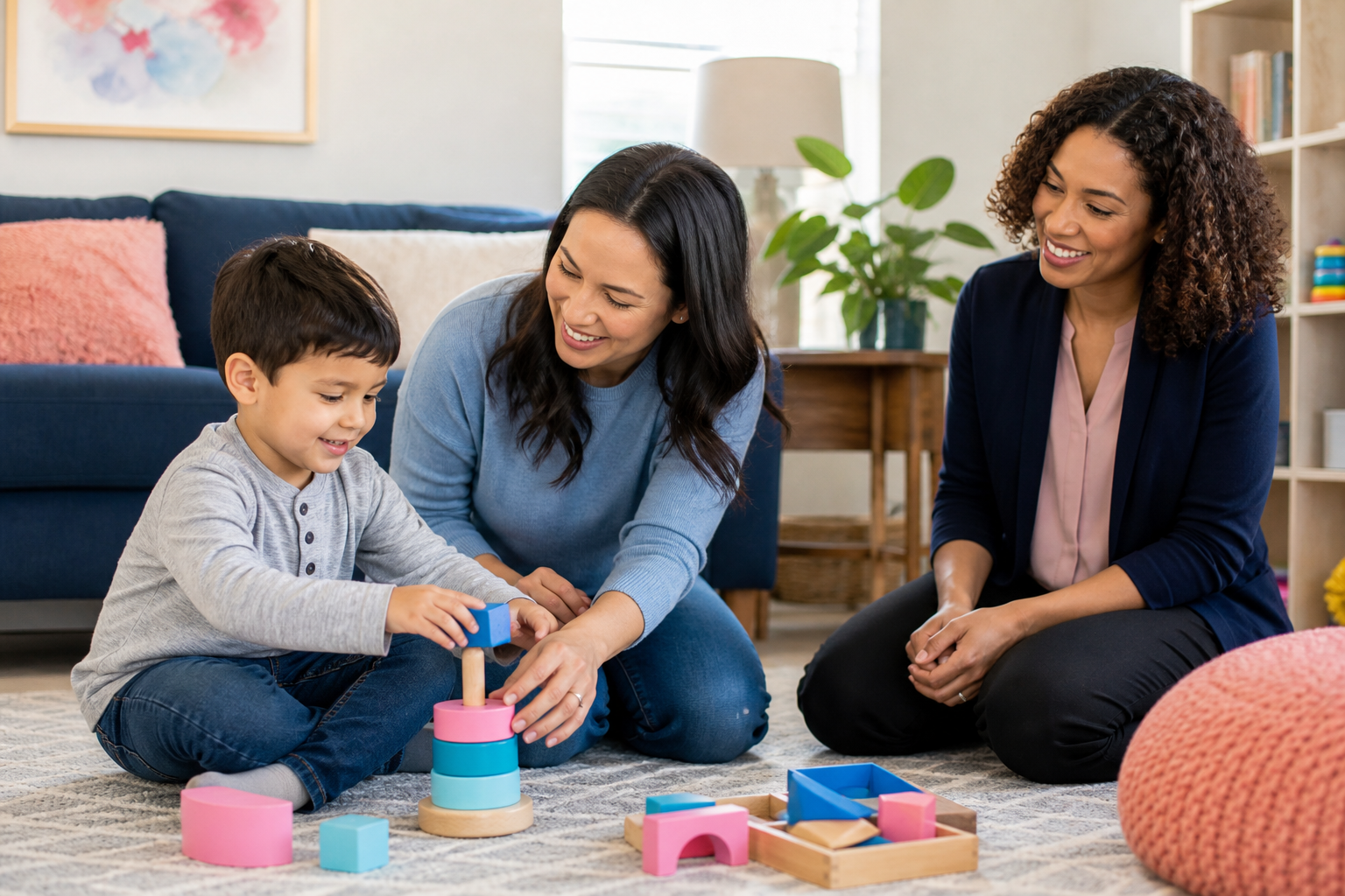 A preschool-aged child sits on a living room rug playing with colorful toys beside a parent, while a female therapist in modest work-casual clothing sits nearby offering calm support in a bright, cozy home setting.
