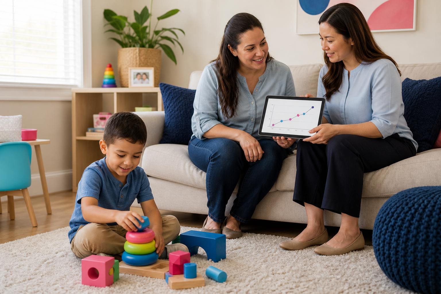 A preschool-aged child plays with colorful stacking toys on a living room rug while a parent and a female therapist sit nearby on a sofa looking at a tablet with a simple progress graph, in a warm, softly lit home setting.