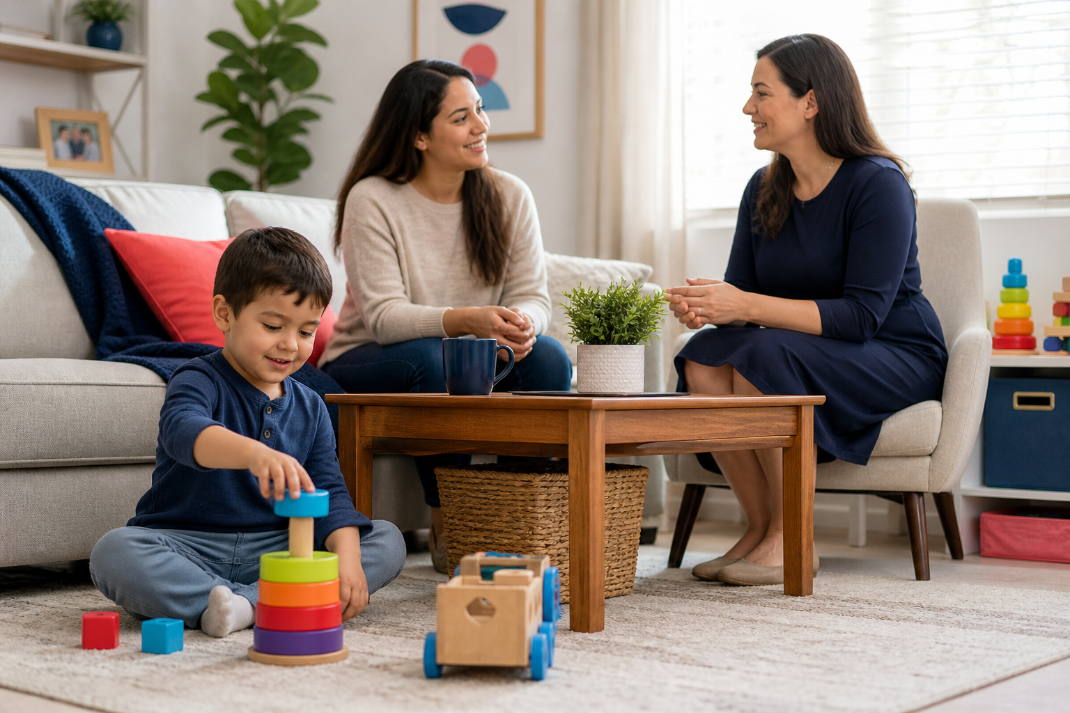 A young child around 4 years old plays with colorful stacking toys on a living room rug while a mother and a female therapist sit nearby at a coffee table, smiling and talking in a warm, tidy home setting with soft daylight.