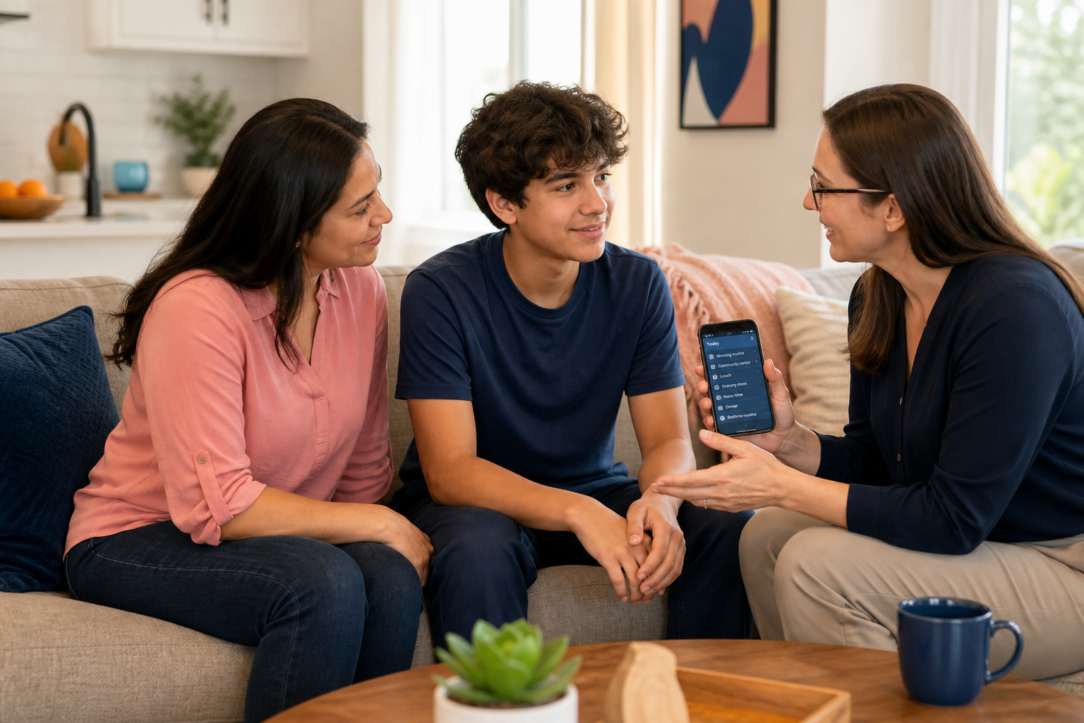 A teenage autistic child around 13 to 15 sits with a female therapist and a parent in a bright, cozy home living room, calmly reviewing a simple routine together with supportive body language and soft navy, pink, and cyan accents in the decor.