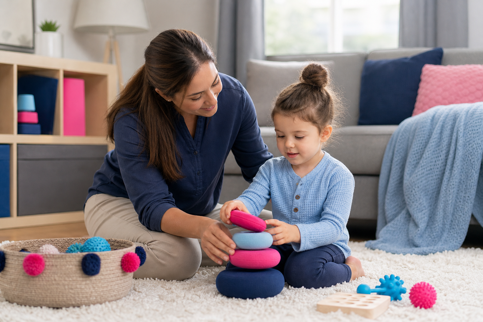 A young child about 4 years old sits on a rug in a warm living room, calmly playing with colorful sensory toys while a modestly dressed adult woman kneels nearby at the child’s level and offers gentle support; the space has soft natural light, cozy seating, and small navy, pink, and light blue accents.