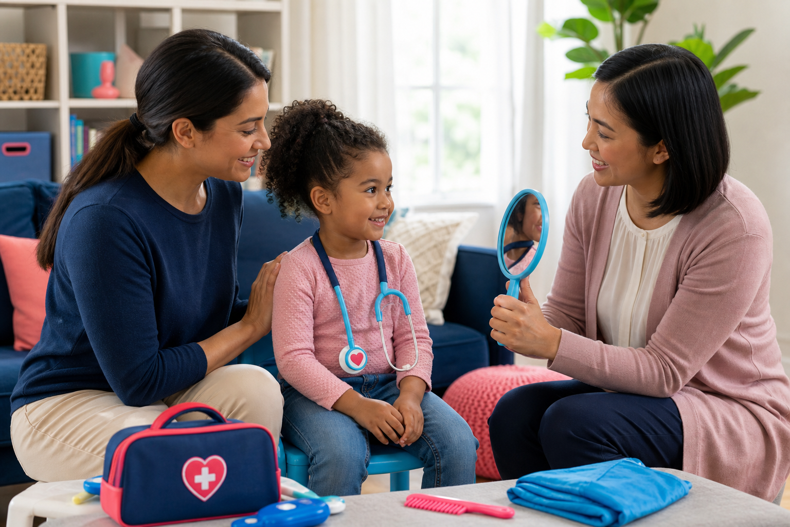 A young child around 4 to 5 years old sits calmly in a cozy living room while a mother and a female therapist gently practice appointment desensitisation, with a toy doctor kit, mirror, and haircut items nearby in a warm, colorful setting.