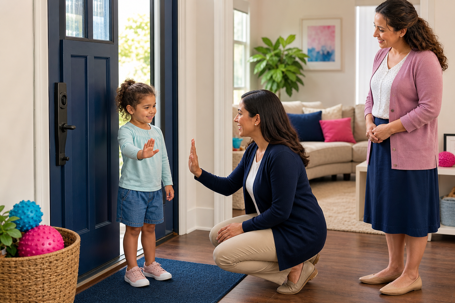 A young child around preschool age stands calmly near a front door in a warm home entryway while a female therapist gently practices a stop-and-wait safety routine, with a parent nearby and a few colorful toys visible in the connected living room.