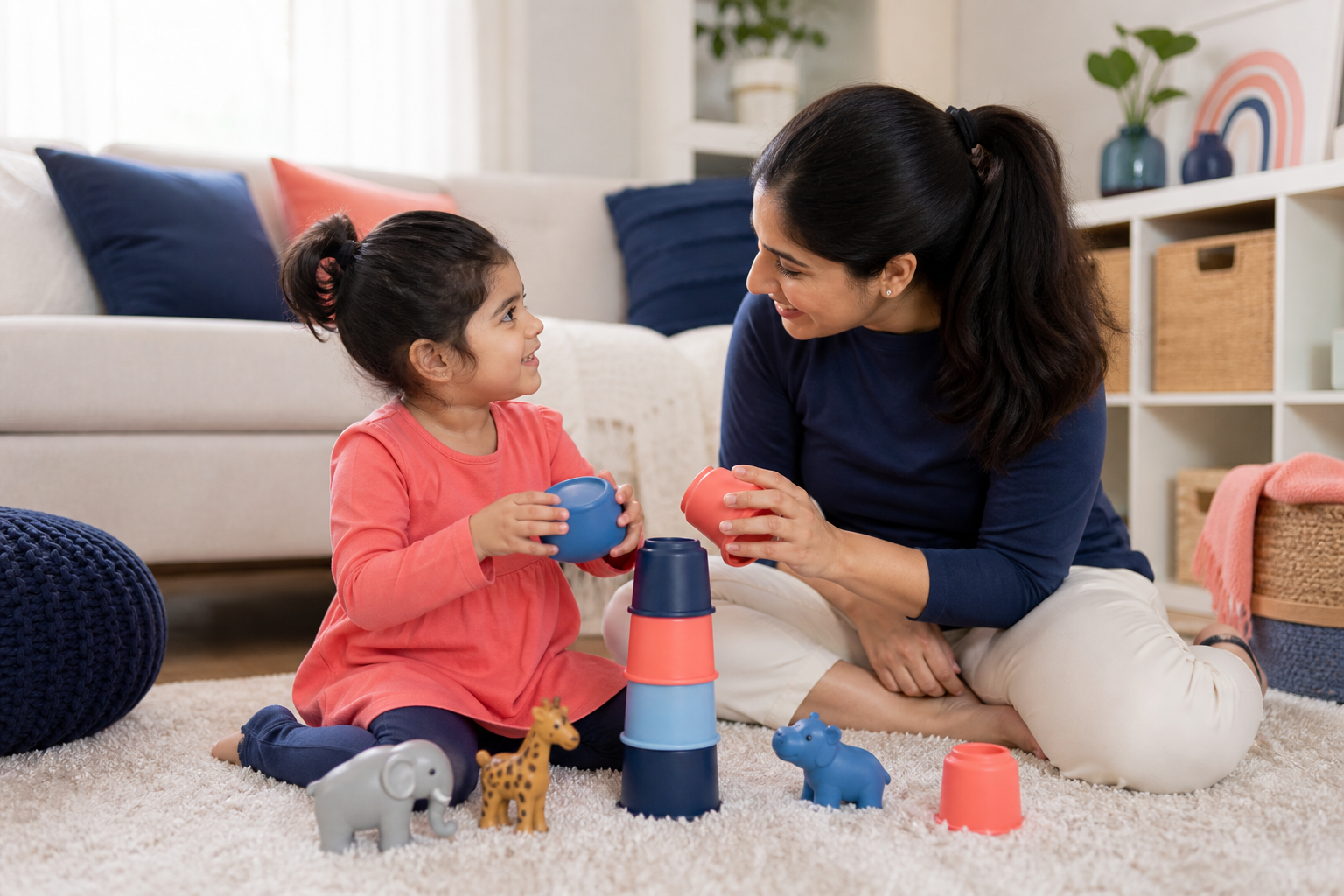 A young child around 3 to 4 years old sits on a rug in a cozy living room playing with colorful stacking cups and toy animals while a parent leans in nearby with a warm, attentive expression, creating a calm and supportive moment.