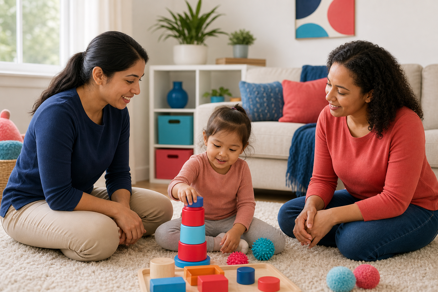 A female therapist and a parent sit with a smiling preschool-age child on a living-room rug, observing play with colorful stacking toys and sensory items in a warm, cozy home setting.