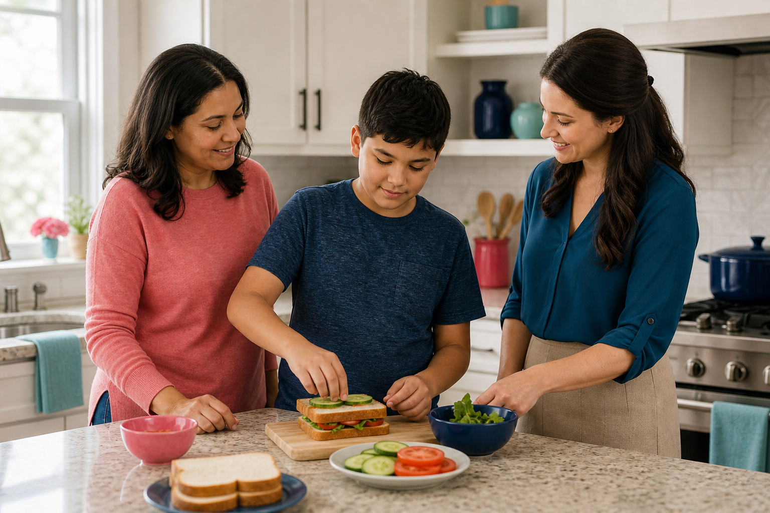 An older child around 9–10 years old stands in a bright home kitchen preparing a simple meal at the counter while a parent and a female therapist nearby smile and offer calm, supportive guidance; the scene is warm, tidy, and colorful with everyday kitchen items and soft natural light.