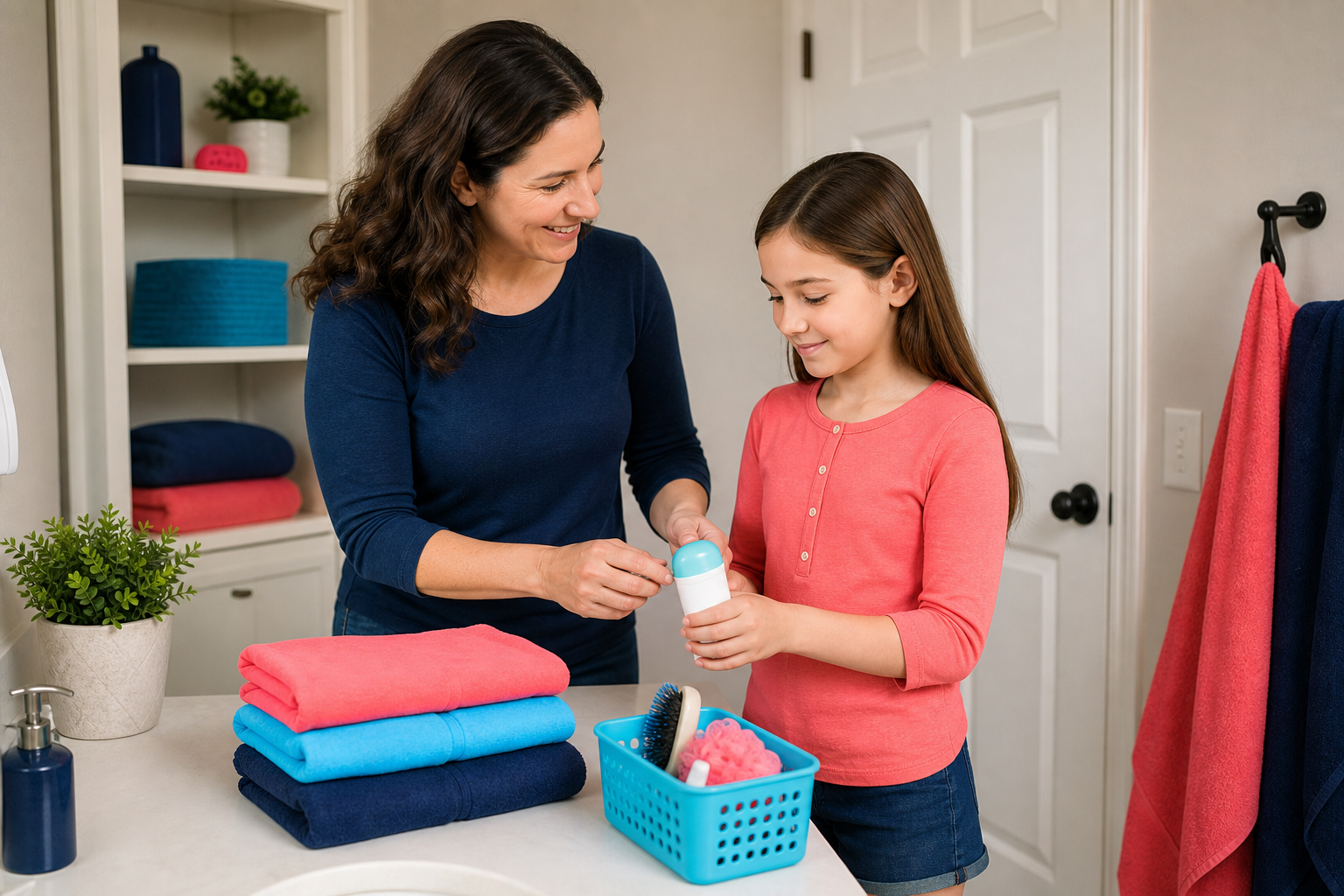 A female caregiver in a long-sleeve cardigan stands with a calm child around 9 to 10 years old in a warm home bathroom or bedroom area, gently helping organize a hygiene routine with deodorant, a hairbrush, folded clothes, and a nearby cabinet and door that suggest privacy and growing independence.