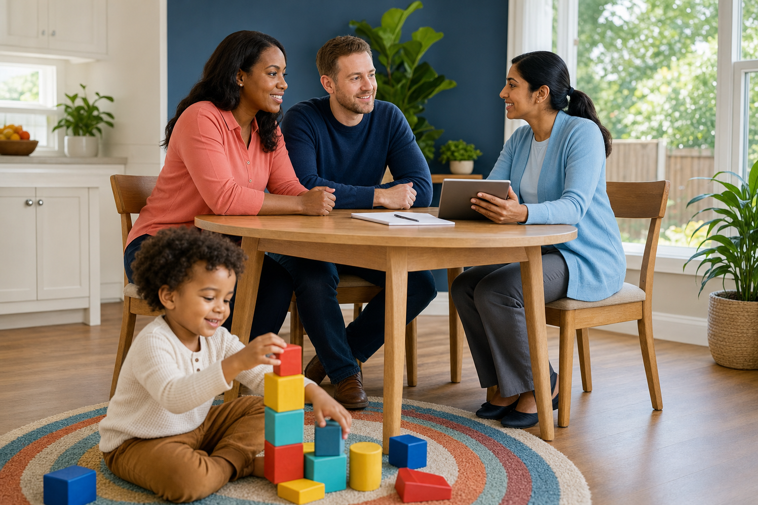 A smiling mother and father sit at a wooden dining table in a bright home, talking with a friendly female ABA provider holding a tablet, while their curly-haired toddler of about 3 happily stacks colorful wooden blocks on a striped round rug in the foreground.