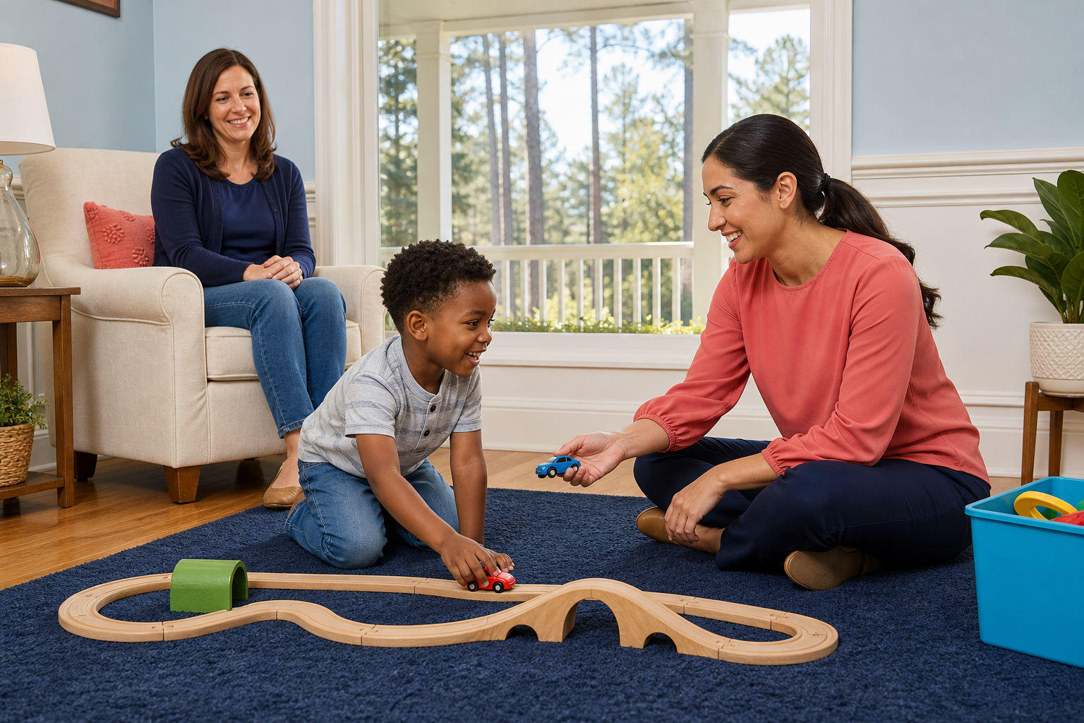 A smiling young boy, about 4, plays with toy cars on a colorful wooden track with a female therapist on the rug of a sunny Southern-style living room, while his mother smiles from an armchair near a window with pine trees outside.