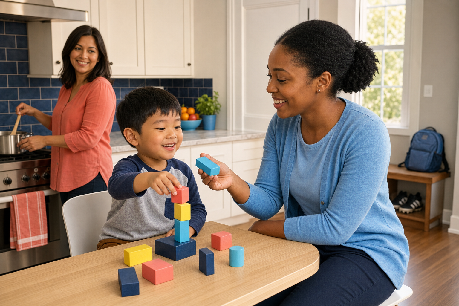 A smiling young boy stacks colorful wooden blocks at a kitchen table with a female ABA therapist in a blue cardigan, while his mom smiles from the stove as she cooks dinner, with a backpack and soccer cleats by the door.