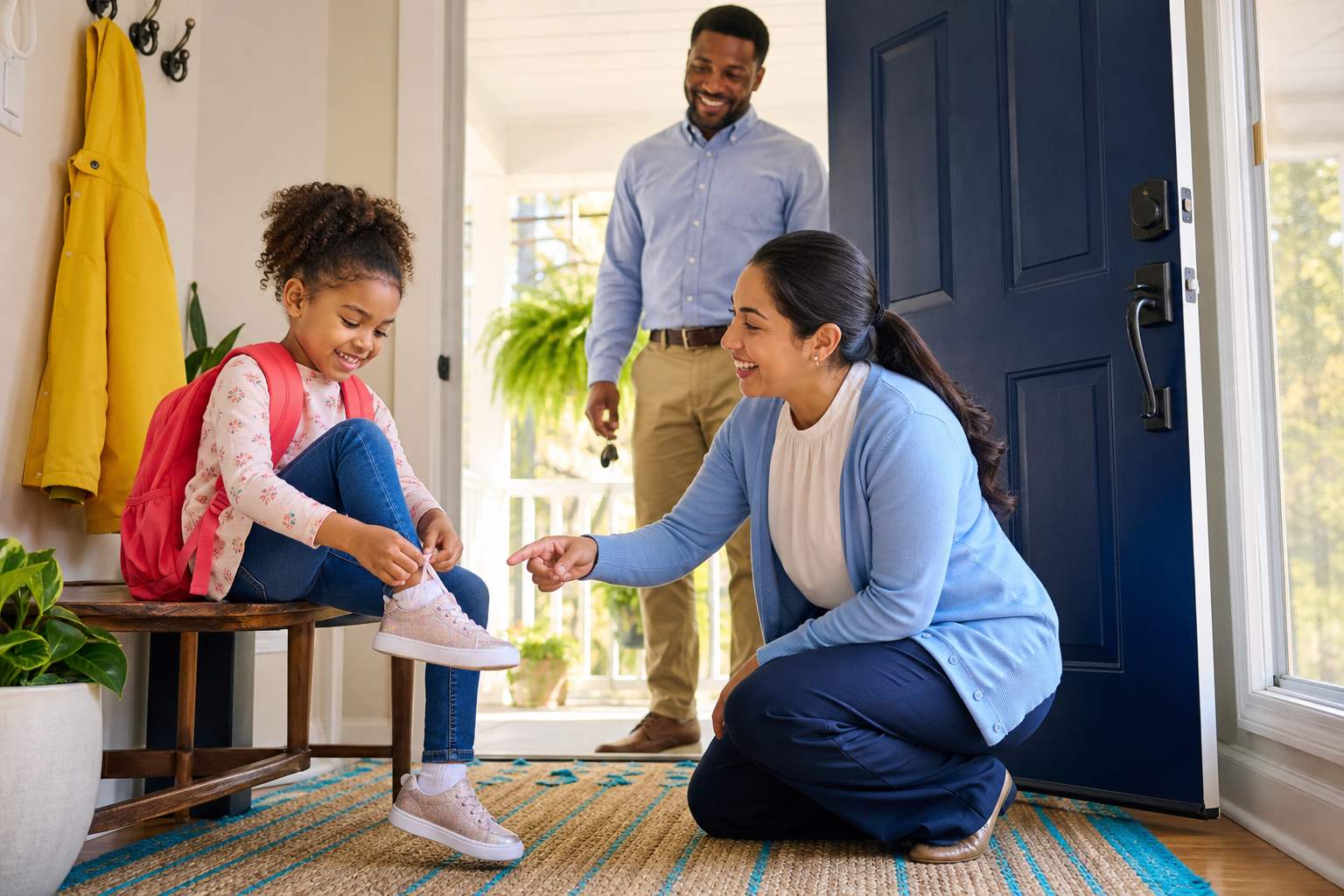 A smiling girl about 5 years old with curly hair and a pink backpack sits on a wooden bench by a navy front door, tying her sneaker while a kneeling therapist in a light blue cardigan points encouragingly and her dad smiles from the doorway holding car keys, with a sunny screened porch behind them.